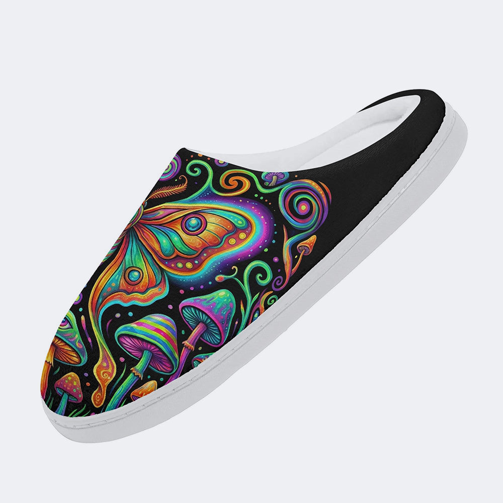 Psychedelic Retro Moth Forest Print Fleece-Lined Slippers