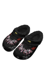 Black slippers with moth tattoo – front view
