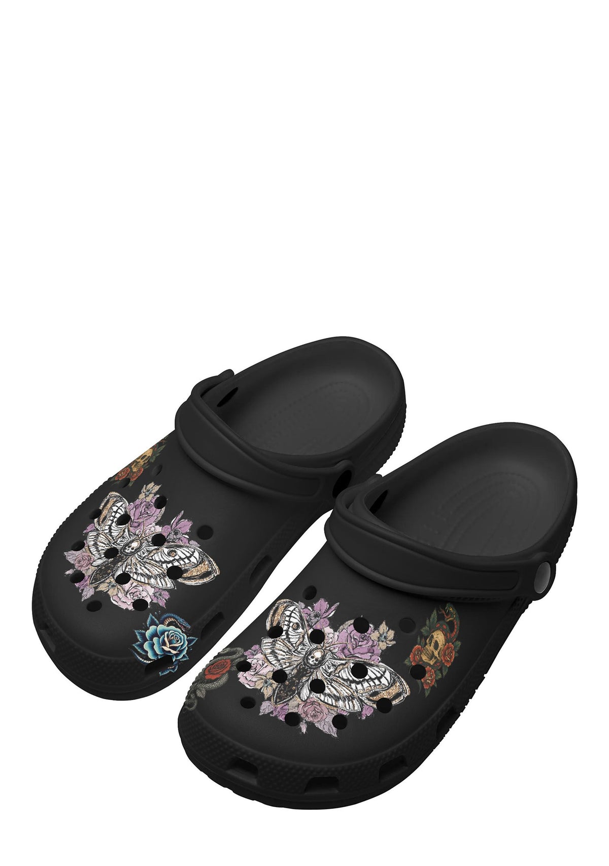 Angled front view of death moth slippers with purple flowers and bone motifs
