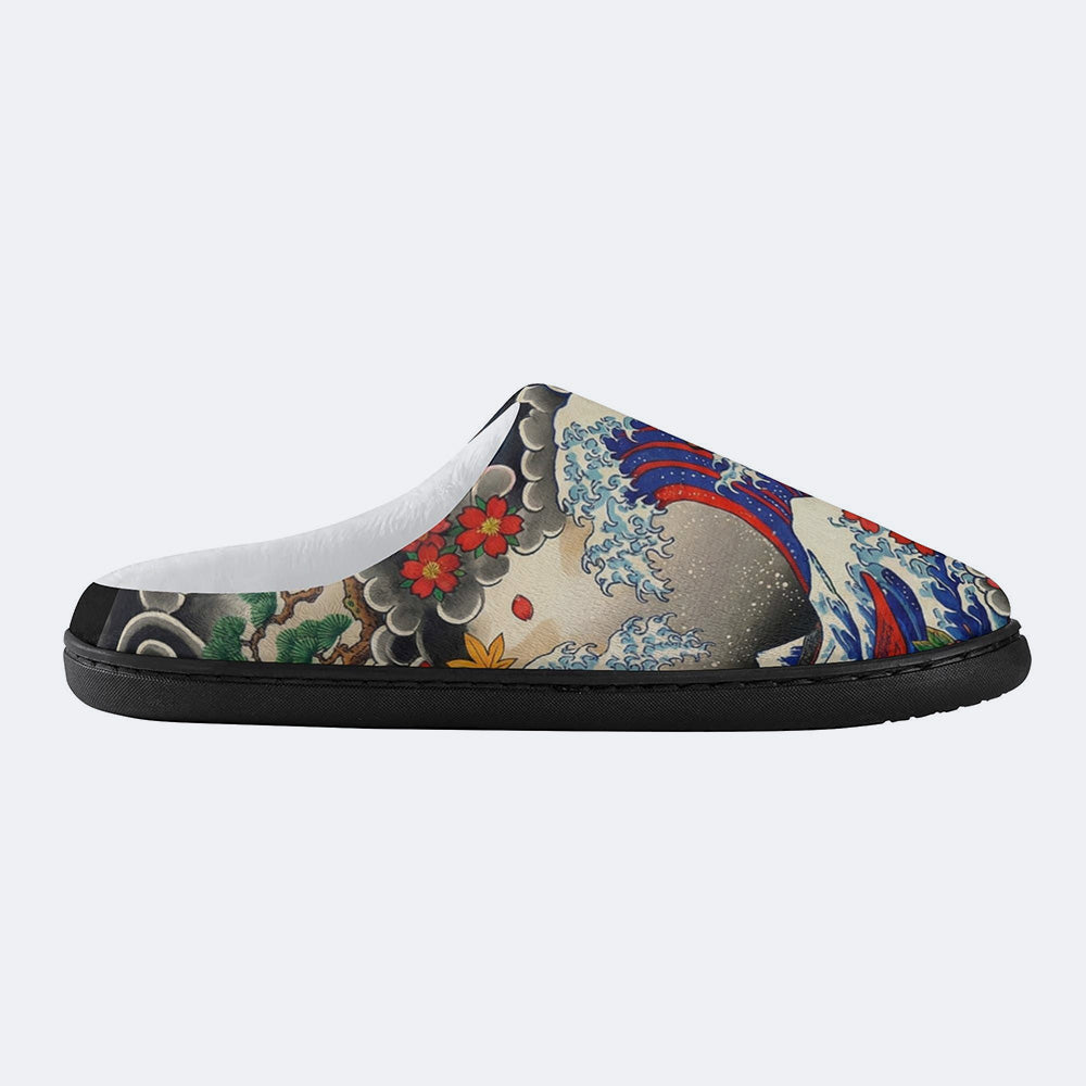 Irezumi Wave & Koi & Demon Face Print Fleece-Lined Slippers