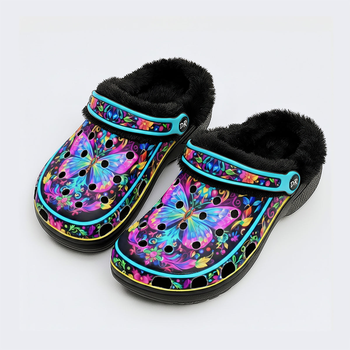 Hyper-Fluorescent psychedelic Butterfly Wreath Print Fleece-Lined Clogs