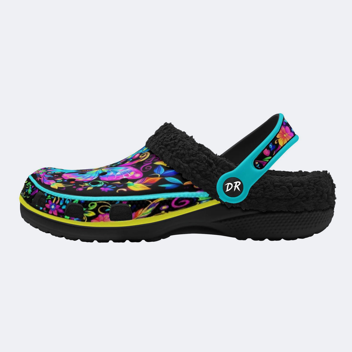 Hyper-Fluorescent psychedelic Butterfly Wreath Print Fleece-Lined Clogs
