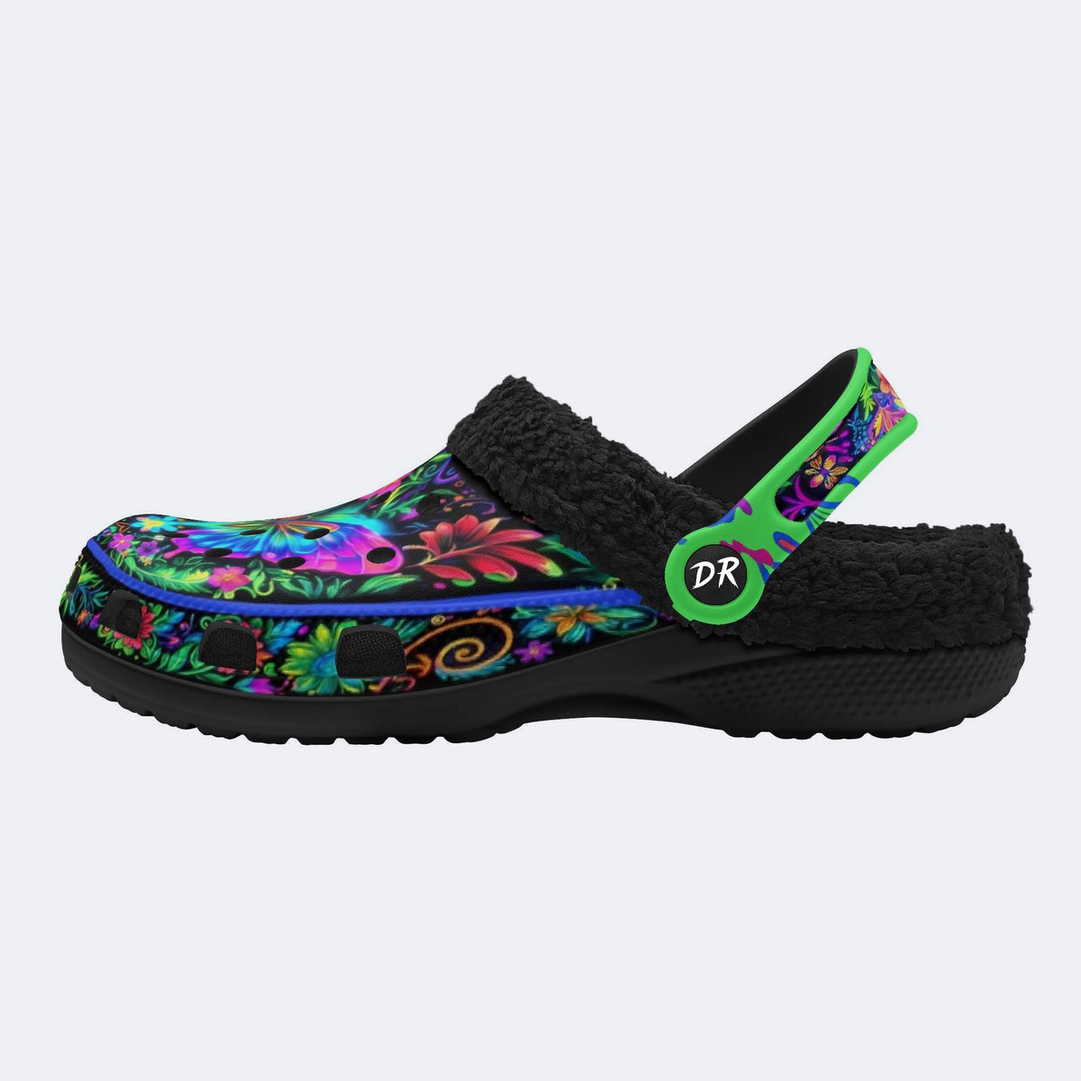 Hyper-Fluorescent psychedelic Butterfly Wreath Print Fleece-Lined Clogs