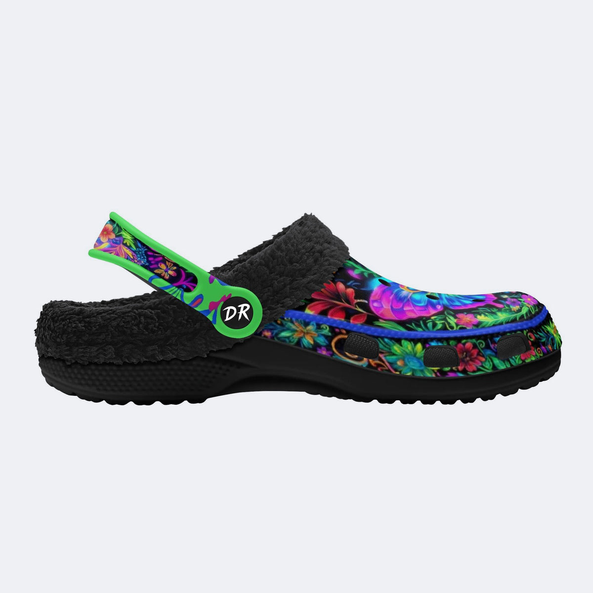 Hyper-Fluorescent psychedelic Butterfly Wreath Print Fleece-Lined Clogs