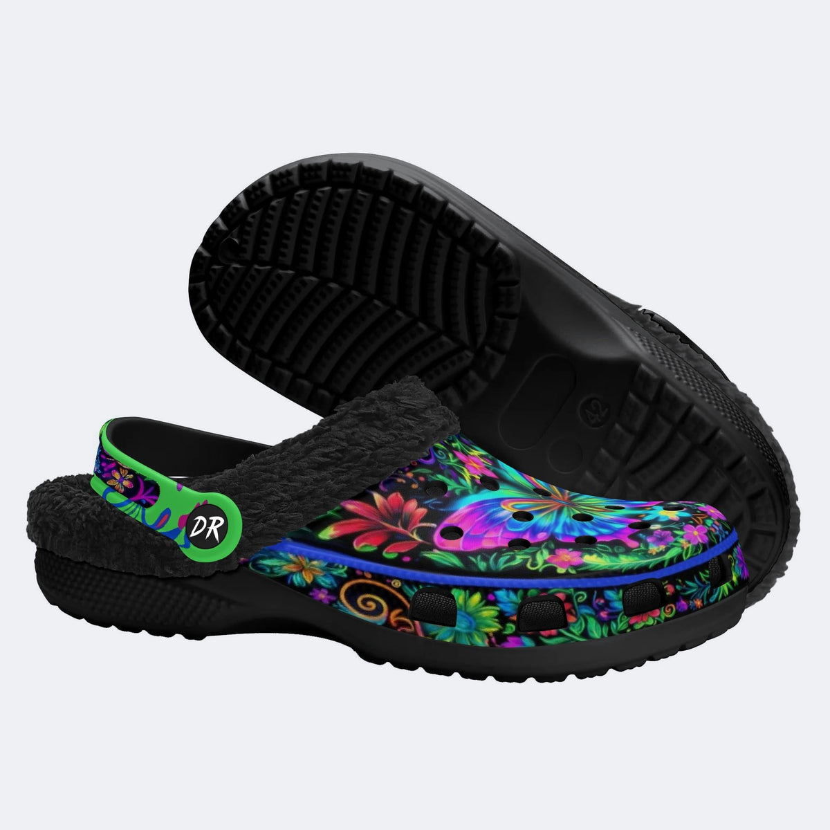 Hyper-Fluorescent psychedelic Butterfly Wreath Print Fleece-Lined Clogs
