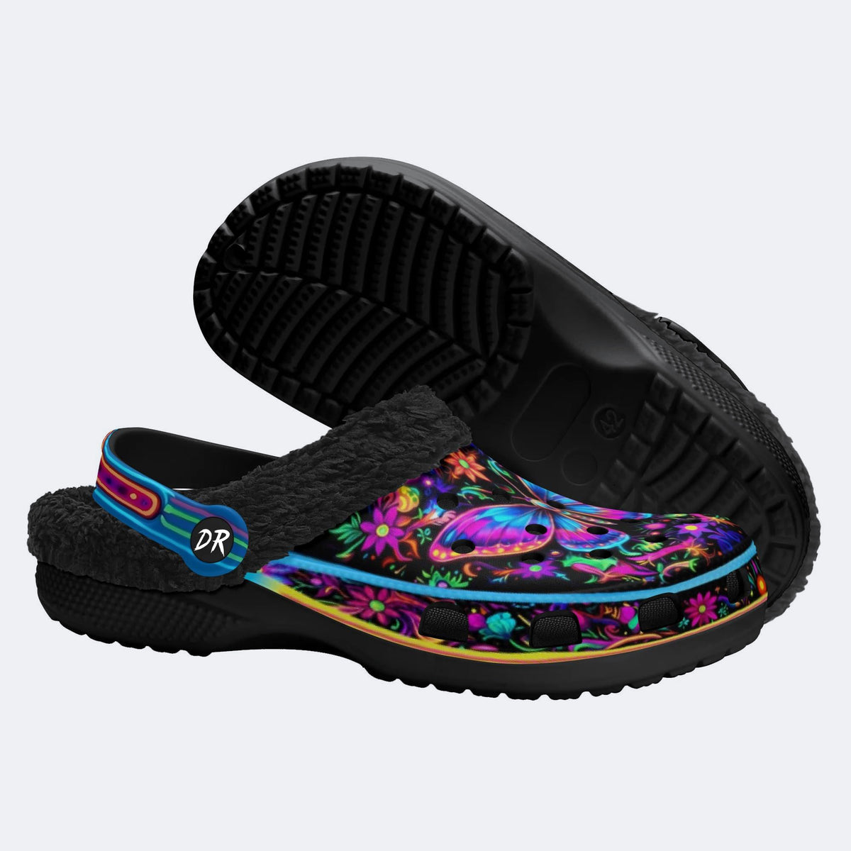 Hyper-Fluorescent psychedelic Butterfly Wreath Print Fleece-Lined Clogs