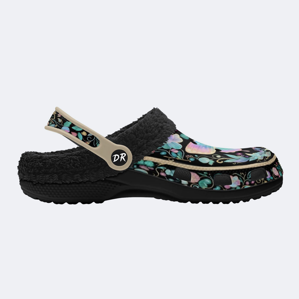 Iridescent Psychedelic Butterfly Wreath Print Fleece-Lined Clogs