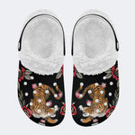 Tiger With Flowers Print - Fur Lined Slippers/Sandals