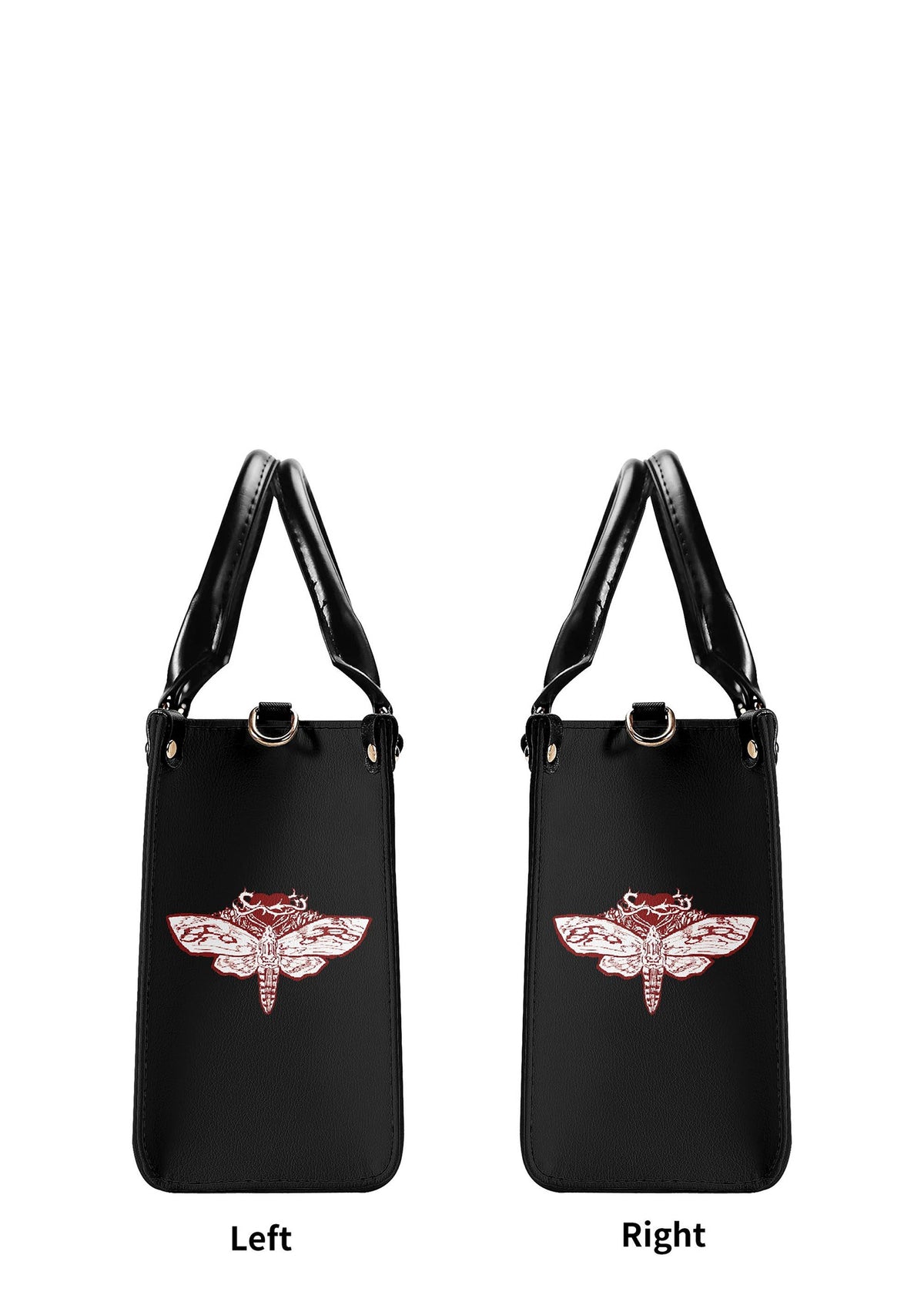 Left and right side views of the handbag with small moth design on both sides