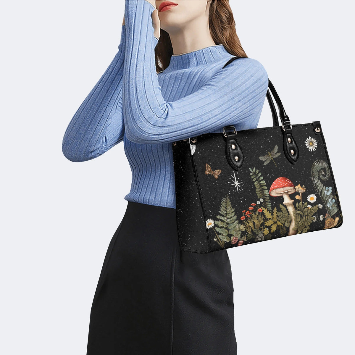 Starry Night Mushroom Moth Print - Leather Handbag
