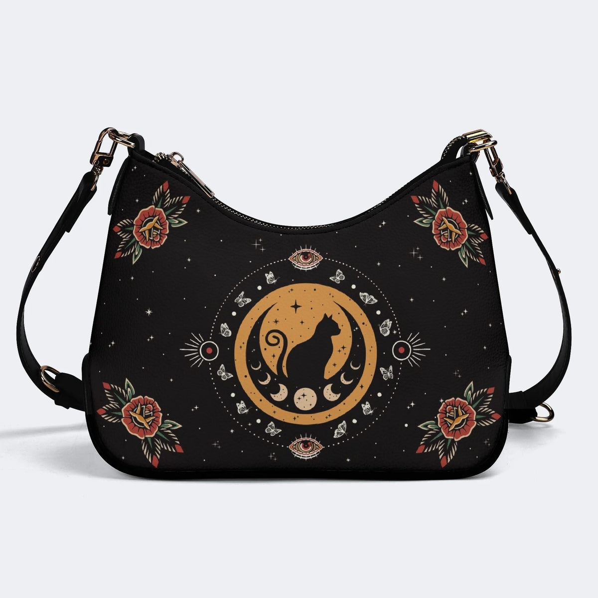 Vintage Cat And Moon Print - Leather Crossbody Bag