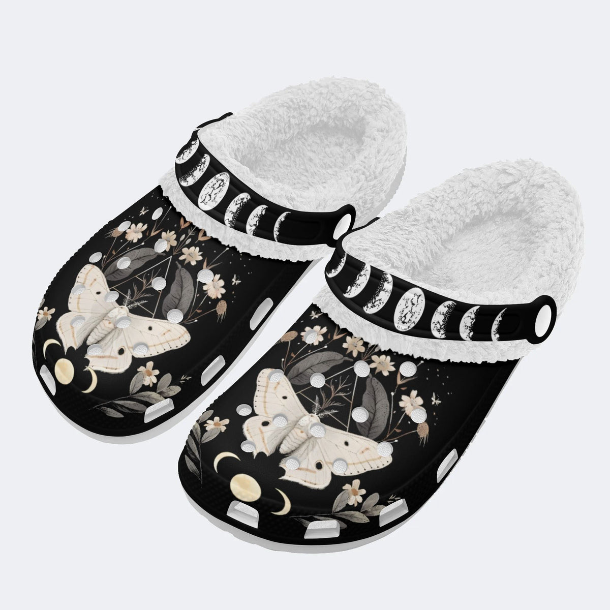 Vintage Floral Moth Print - Fur Lined Slippers/Sandals