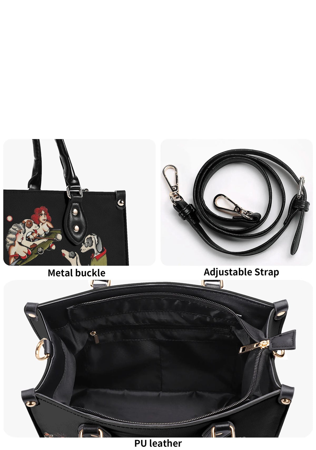 Close-up of gold hardware and detachable strap on tattoo-style bag