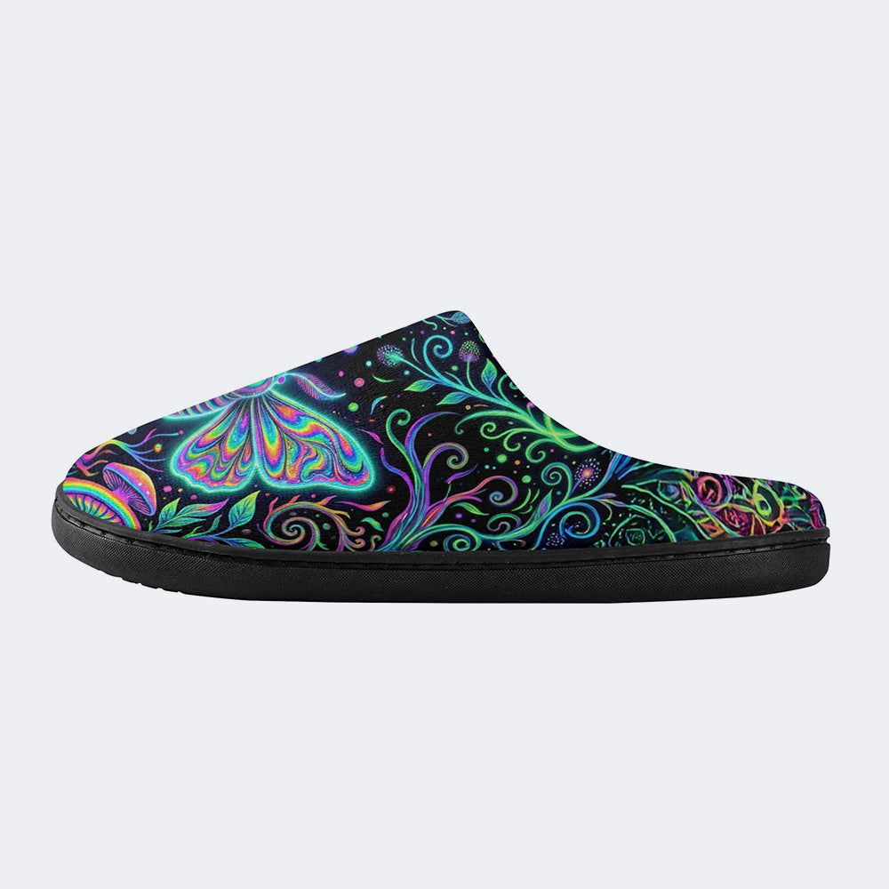 Neon Blue Greenpsychedelic Moth Print Fleece-Lined Slippers