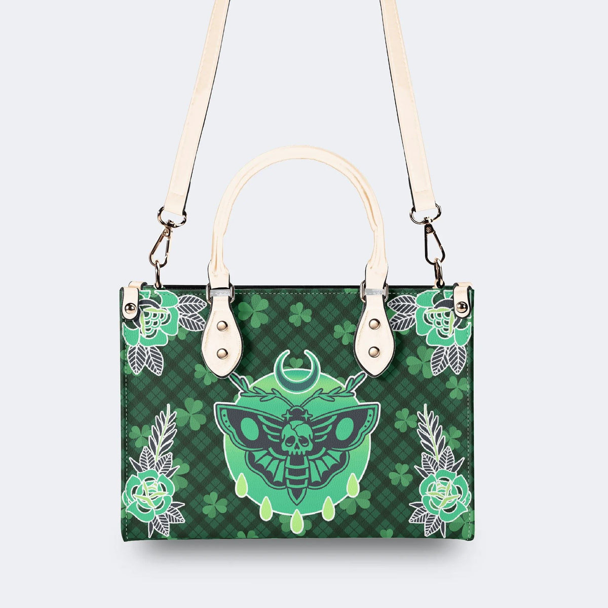 Green Plaid Death Moth - Leather Handbag