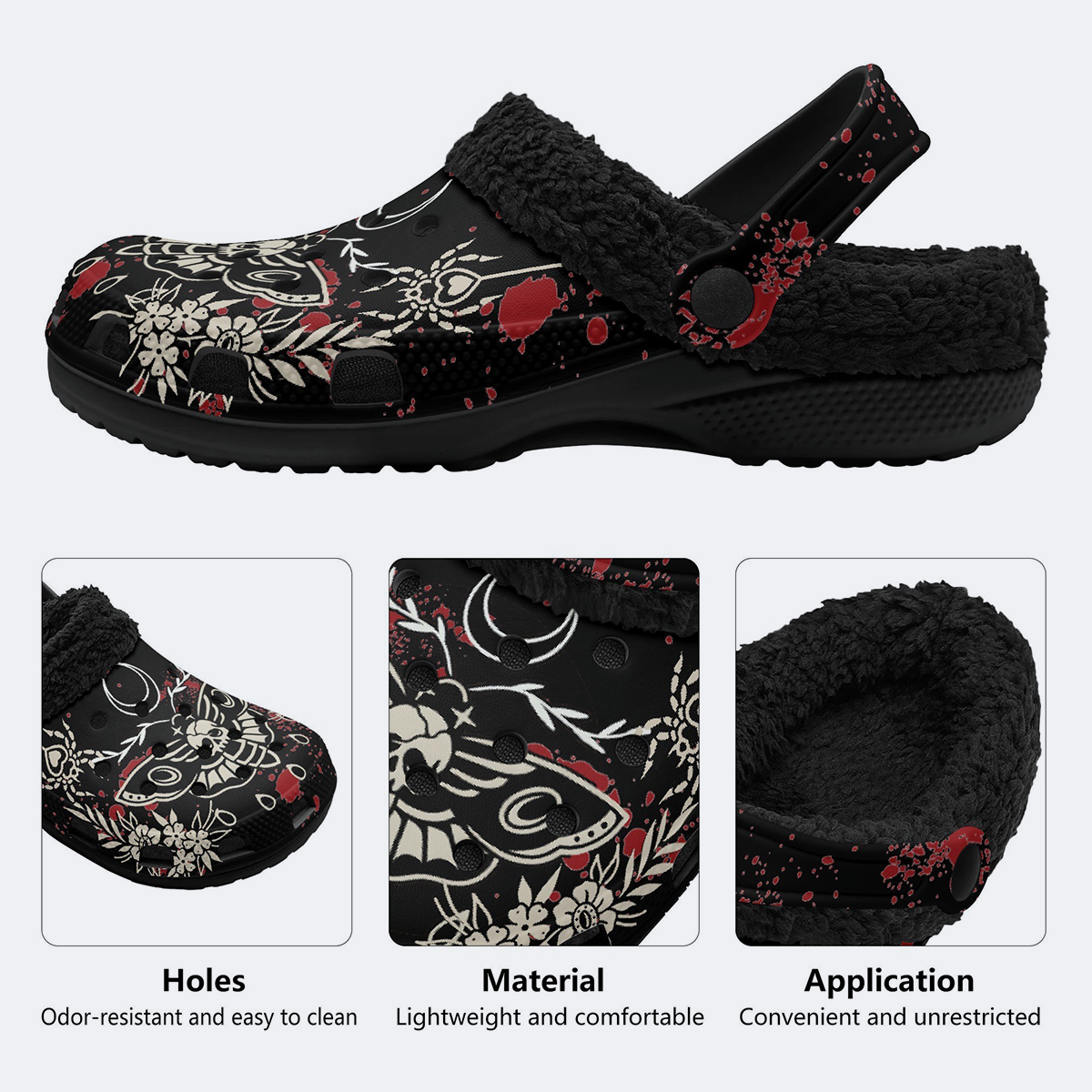 Death Moth Retro Print - Fur Lined Slippers/Sandals