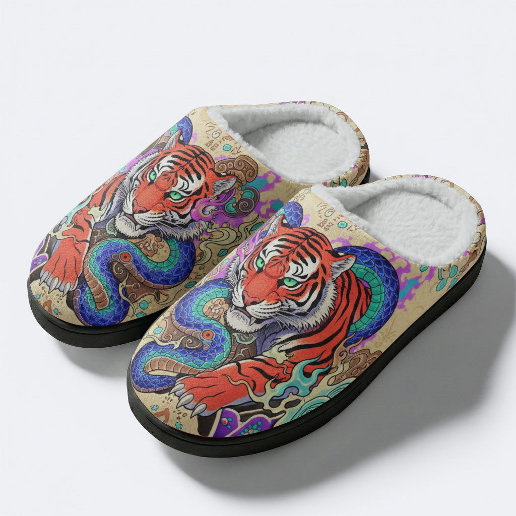Azure Serpent and Tiger Soul Print Fleece-Lined Slippers