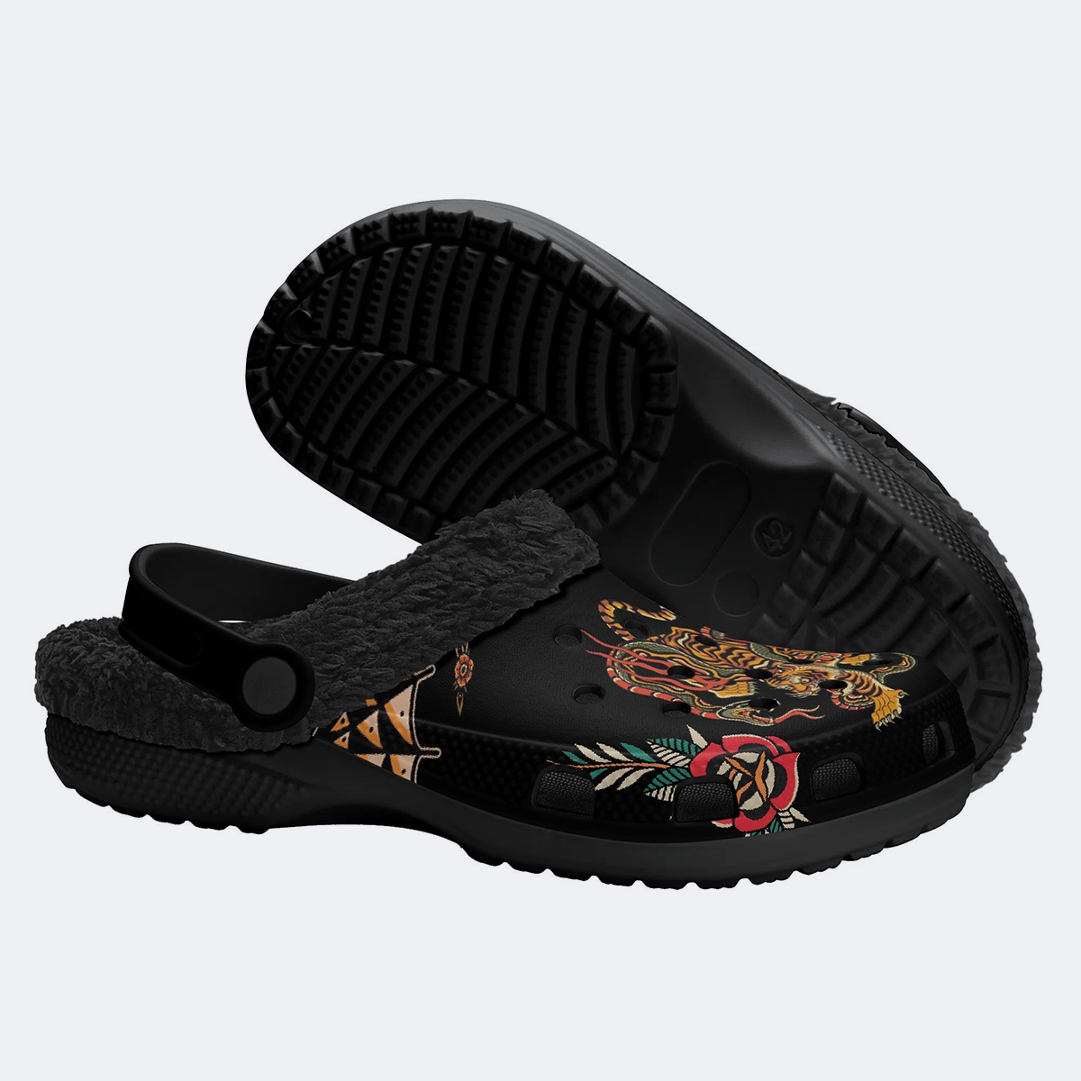 Old School Tiger & Snake Print - Fur Lined Slippers/Sandals