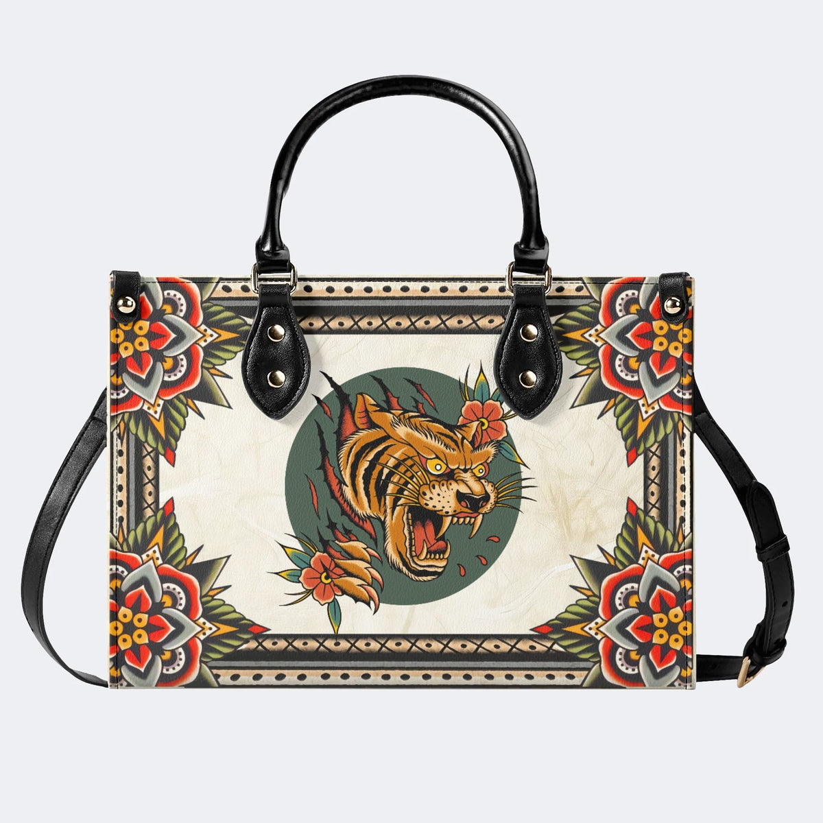Tiger And Tiger Paw Print - Leather Handbag