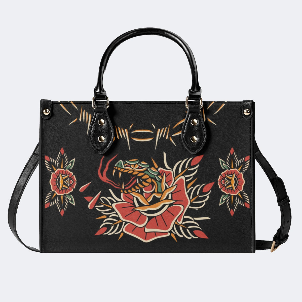 Rose and Snake Print - Leather Handbag