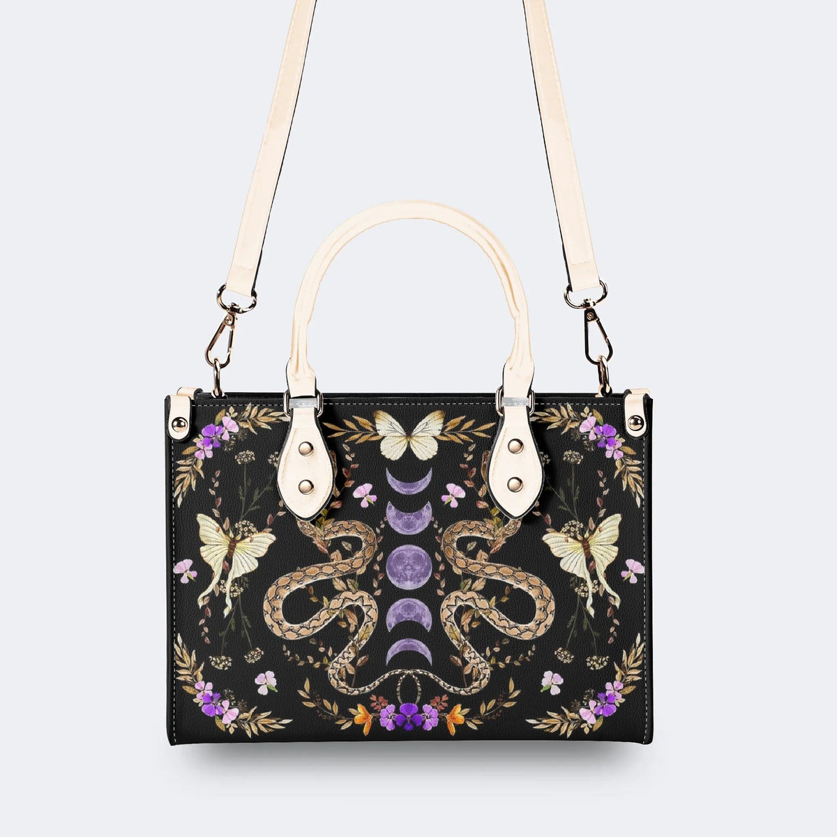 Vintage Moth And Snake Print - Leather Handbag