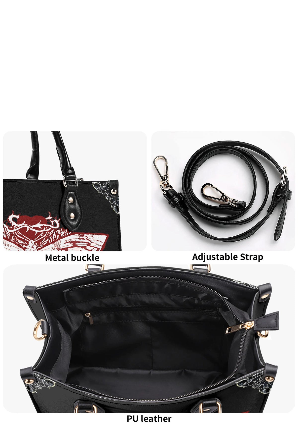 Detail view of metal buckle, adjustable strap, and PU leather lining of the gothic moth print bag