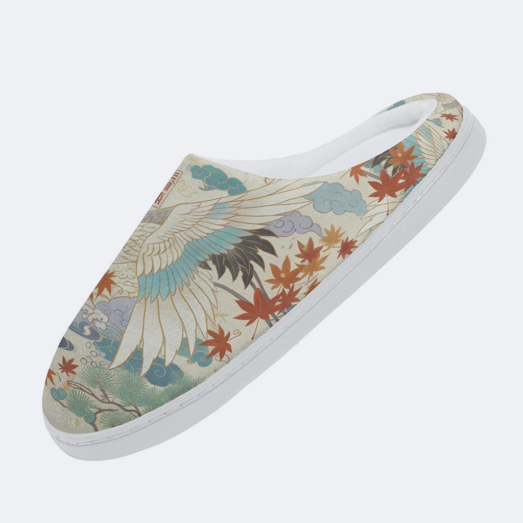 Evergreen Crane Print Fleece-Lined Slippers