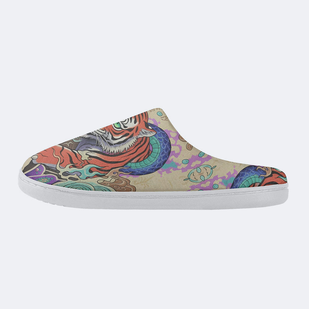 Azure Serpent and Tiger Soul Print Fleece-Lined Slippers