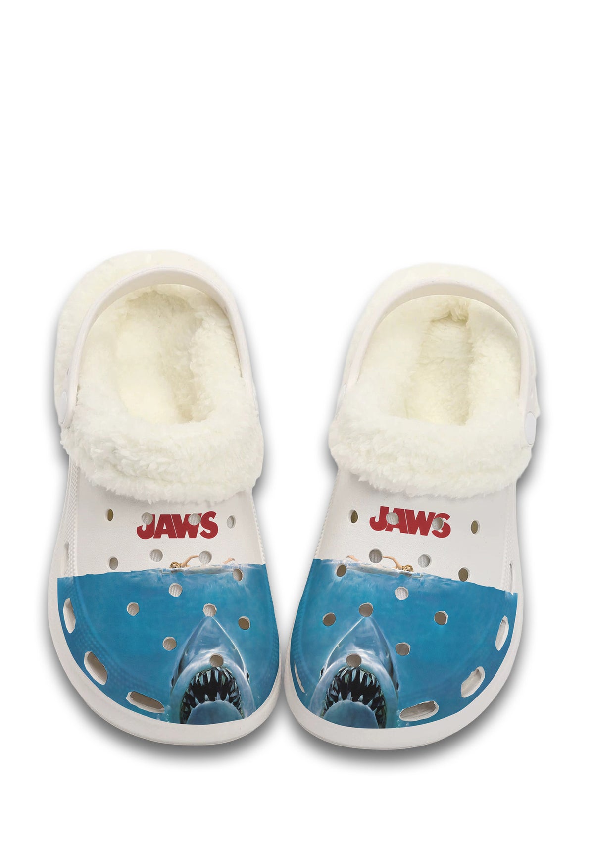 Front view of white fuzzy JAWS slippers with great white shark graphic