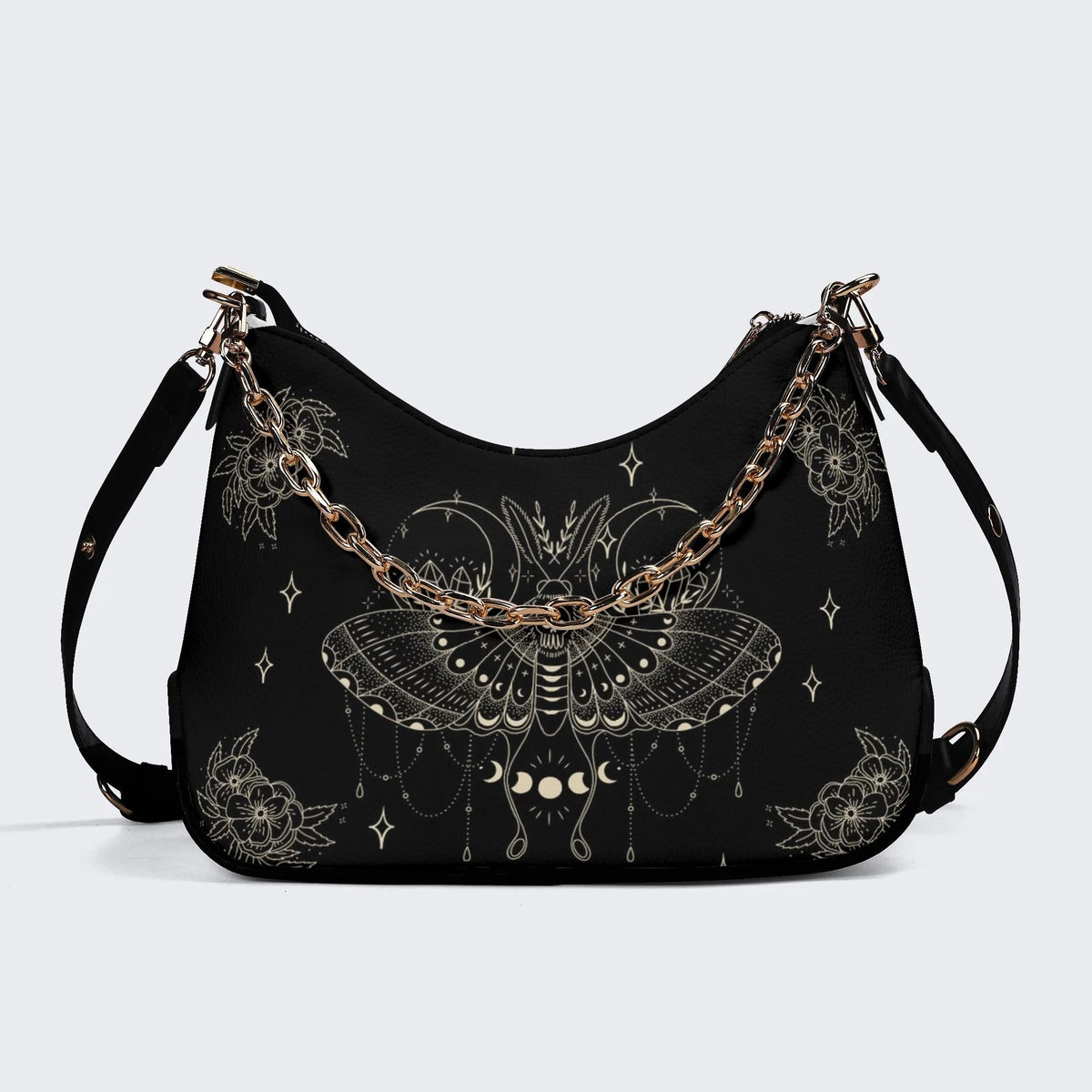 Retro Print Dark Death Moth - Leather Crossbody Bag