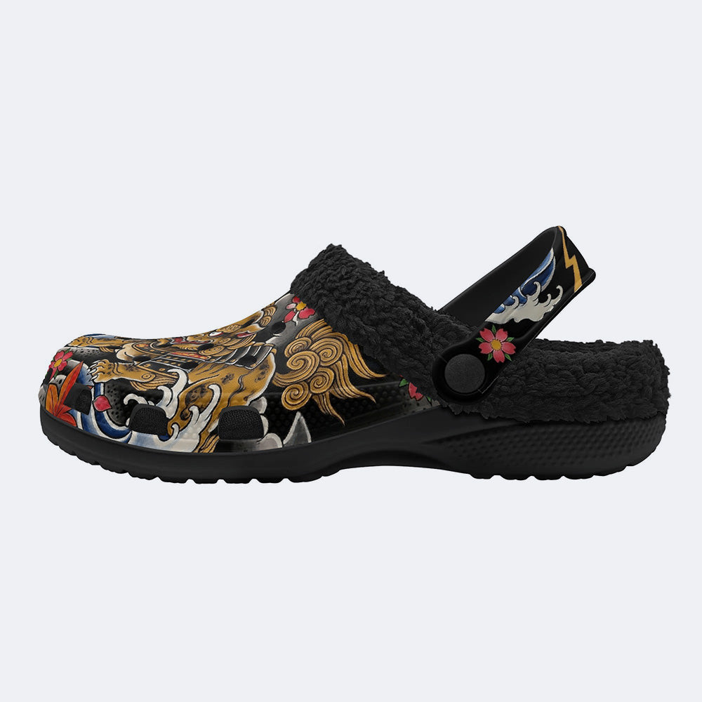 Irezumi Soaring Thunderbird & Guardian Lion-dog (komainu) Print Fleece-Lined Clogs