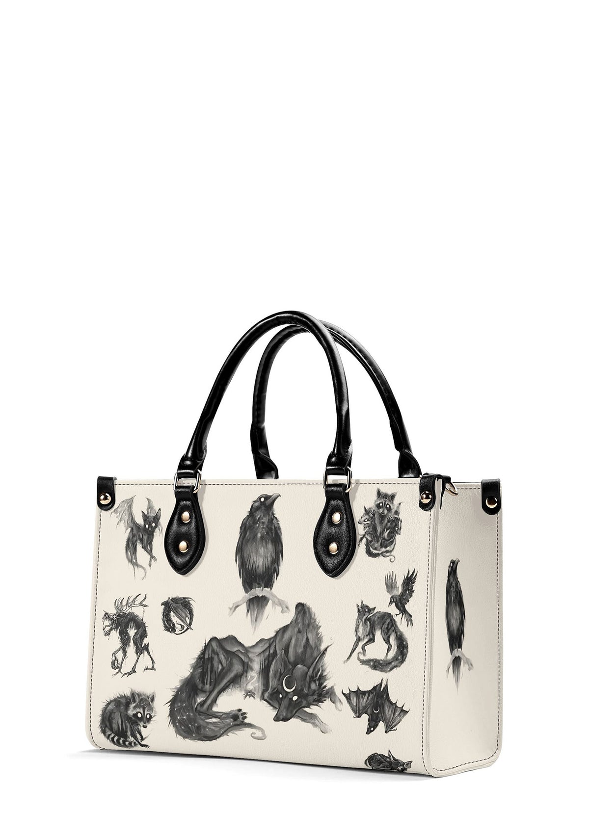 Side view of gothic PU leather bag with fox and bat prints