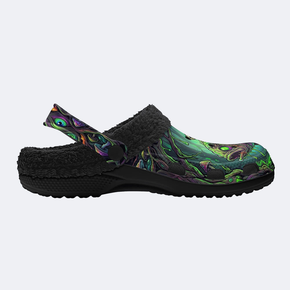 Eerie Forest Mushroom Fish Print Fleece-Lined Clogs