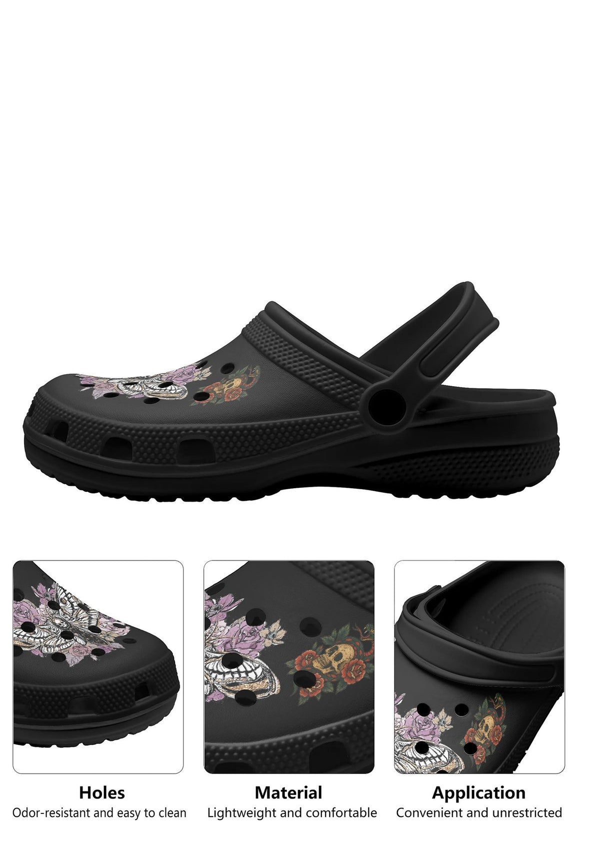 Close-up details of death moth print, floral tattoo accents, and lightweight black gothic slippers