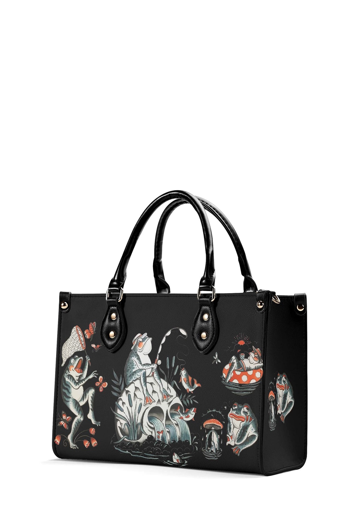 Side view of surreal frog-themed tattoo print handbag in vintage style