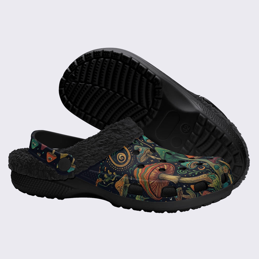 Psychedelic Mushroom Forest Eyes Retro Print Fleece-Lined Clogs