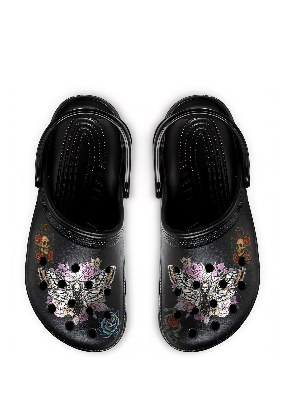 Top view of Requiem Bloom Slippers with death moth, skull, and floral tattoo art on black base