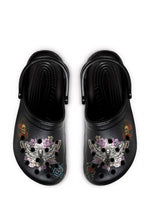 Top view of Requiem Bloom Slippers with death moth, skull, and floral tattoo art on black base