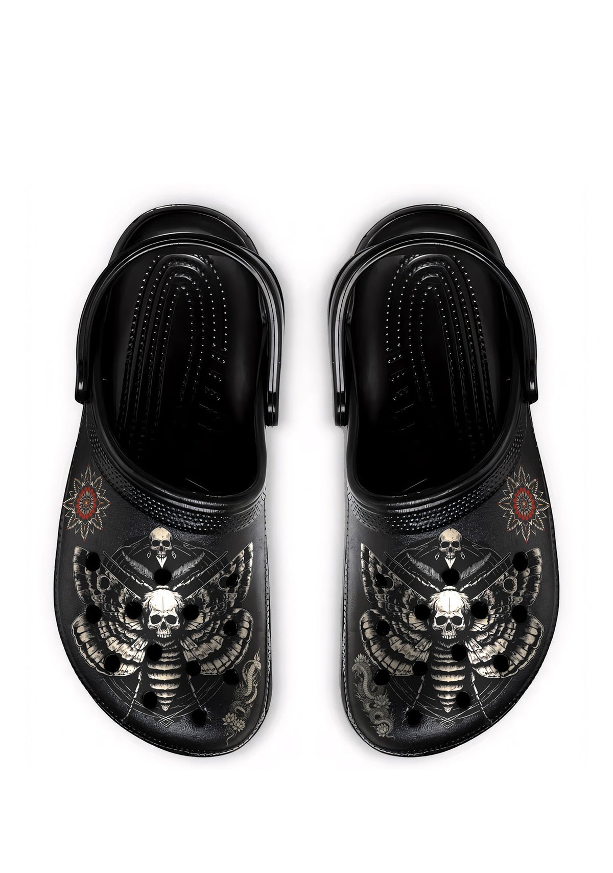 Top view of Skull Moth Ritual Slippers showing skull moth and occult pattern