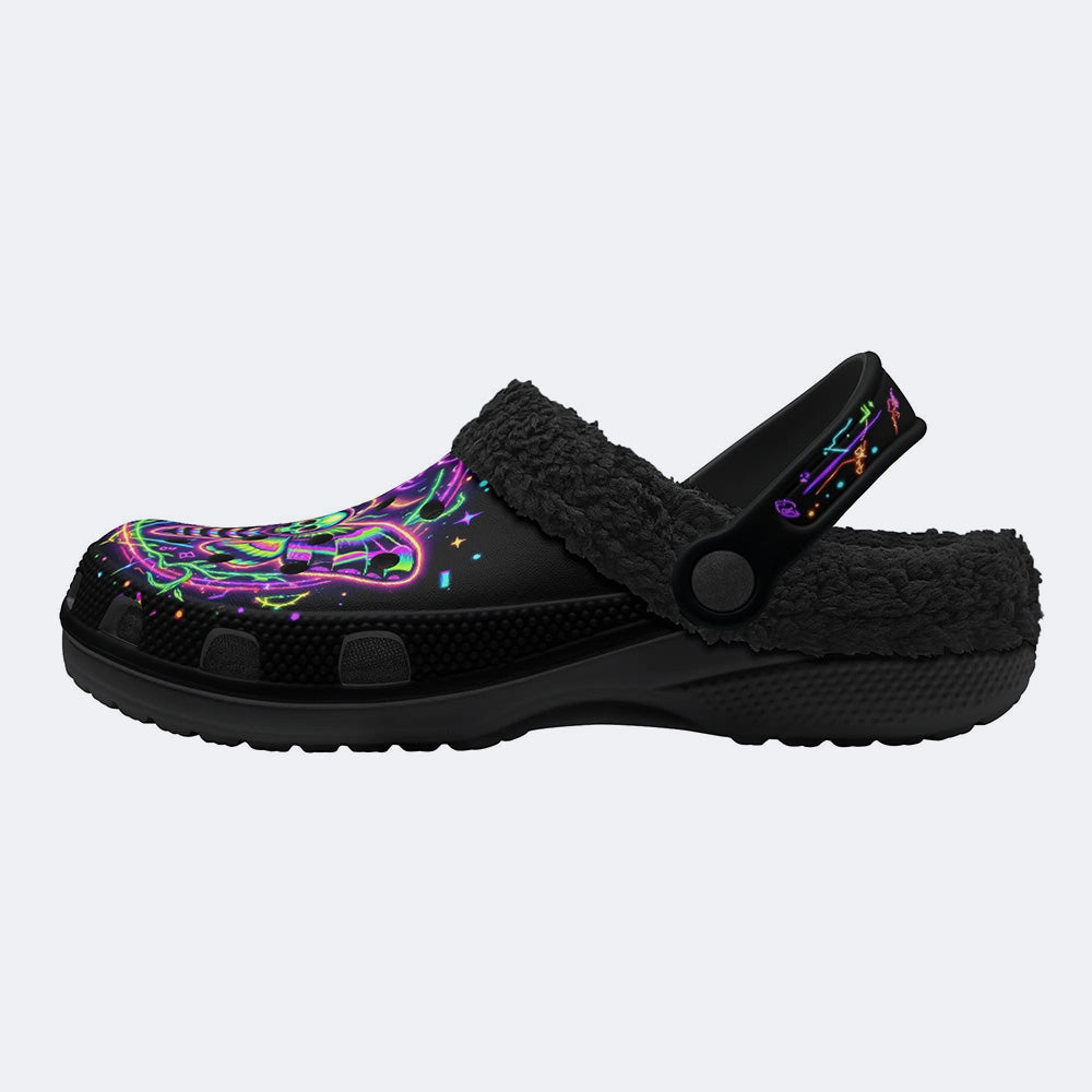 Neon Psychedelic Death Moth Print Fleece-Lined Clogs