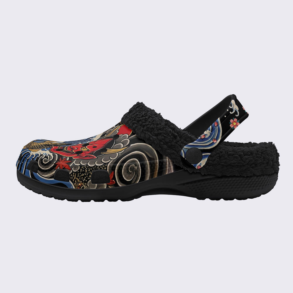 Irezumi Wave & Koi & Demon Face Print Fleece-Lined Clogs