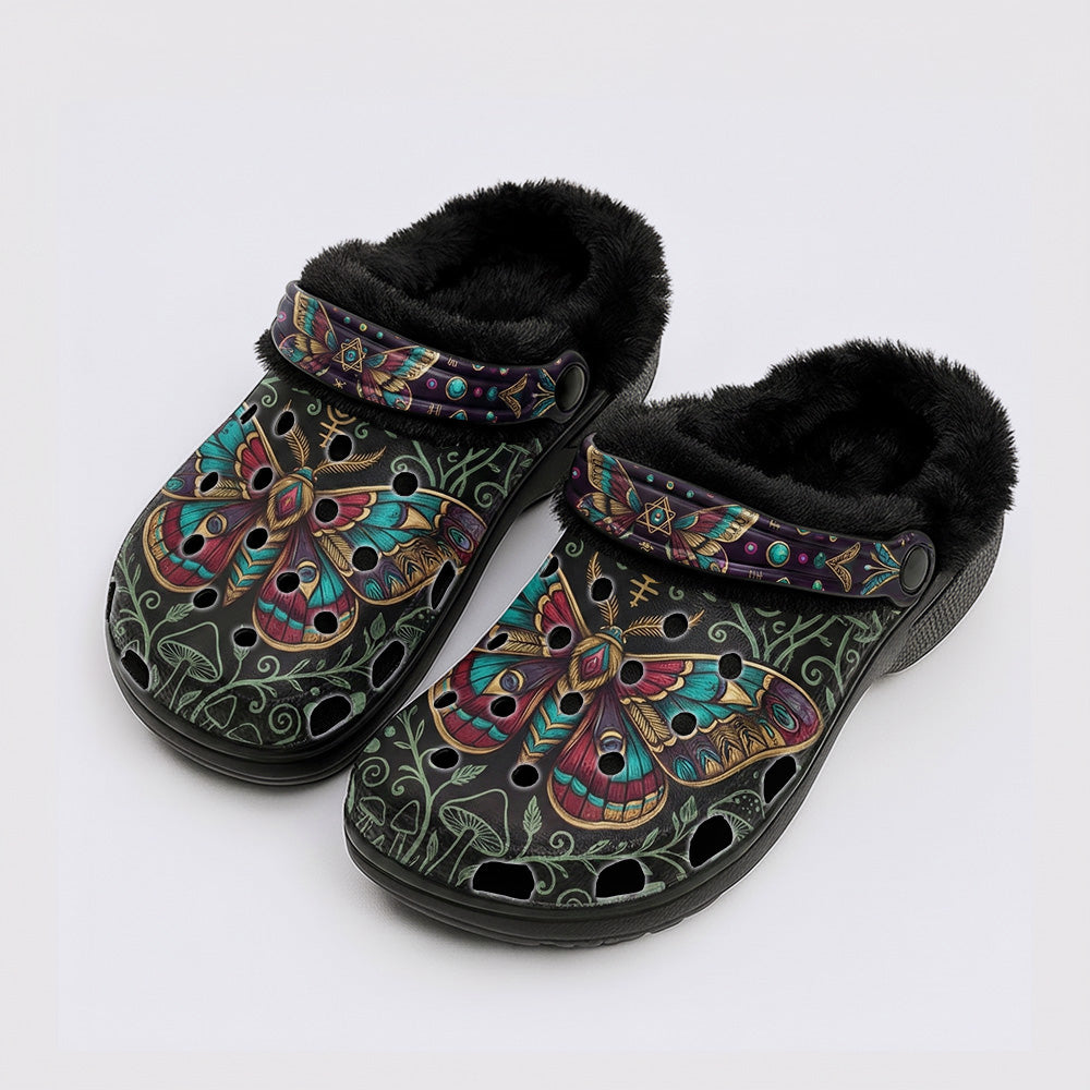 Moth Totem Print Fleece-Lined Clogs