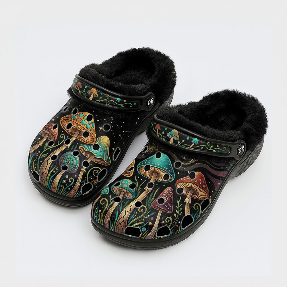Psychedelic Mushroom Forest Retro Print Fleece-Lined Clogs