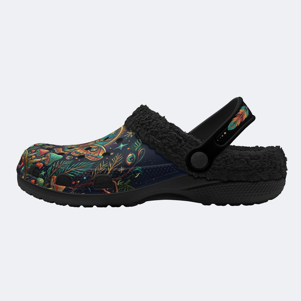 Psychedelic Gem-Colored Moth Forest Retro Print Fleece-Lined Clogs