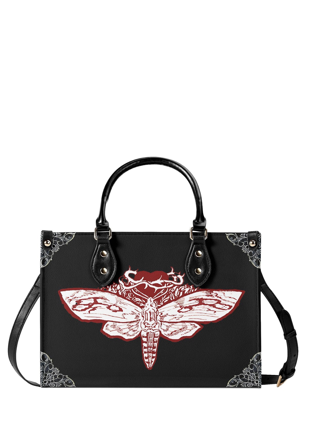 Front view of Cursed Moth Ritual Handbag with red and white gothic moth print on black background