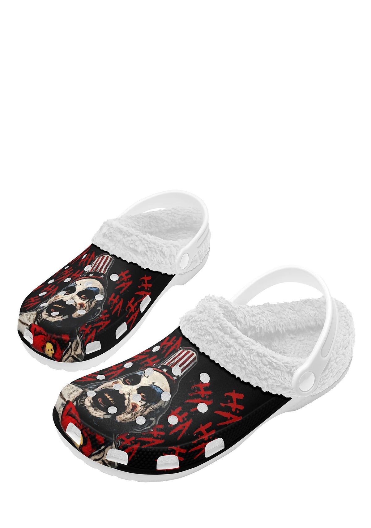Angled white slippers with horror clown illustration and fuzzy lining