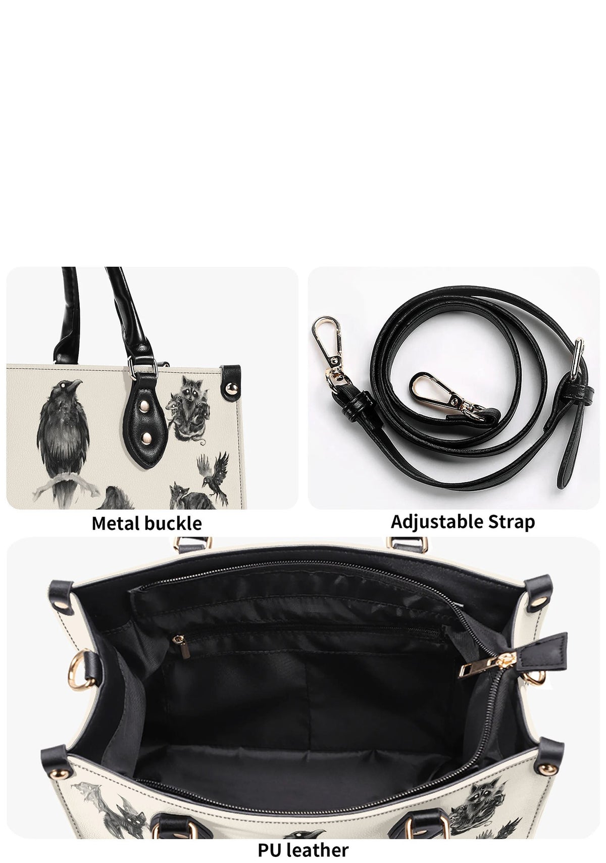 Gold-tone hardware and strap attachment on gothic handbag