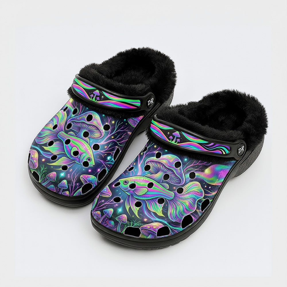 Psychedelic Mushroom Fish Print Fleece-Lined Clogs