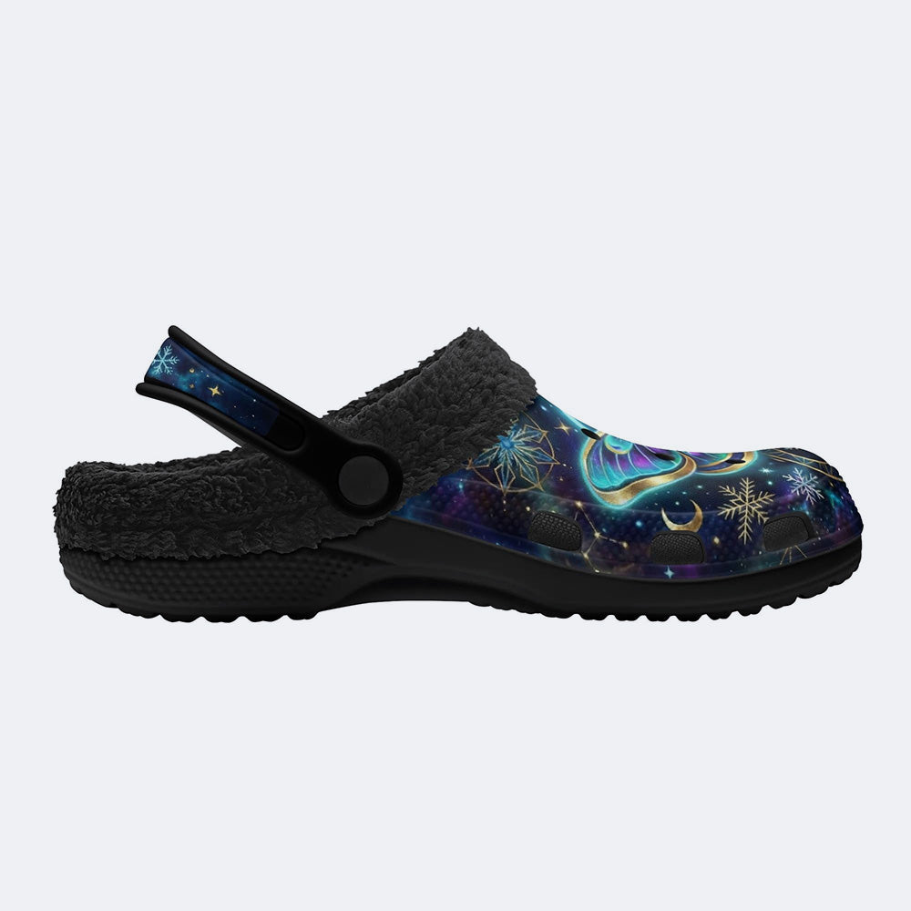 Winter Night Snowflake Ice Moth Print Fleece-Lined Clogs