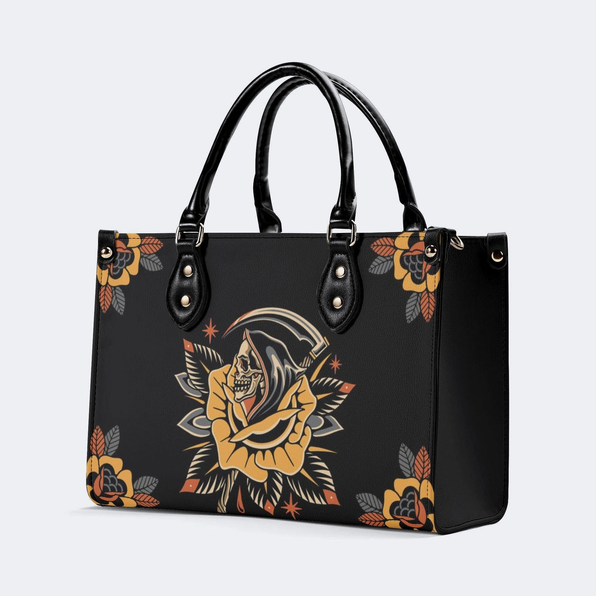 Grim Reaper Flowers Print - Leather Handbag